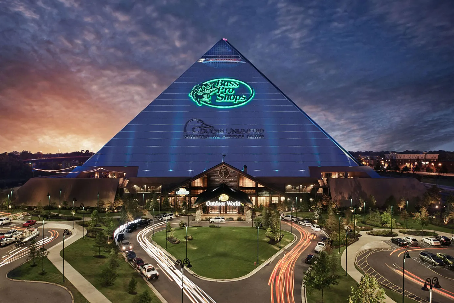 Bass Pro Shops at The Pyramid, exterior at dusk on the Memphis riverfront
