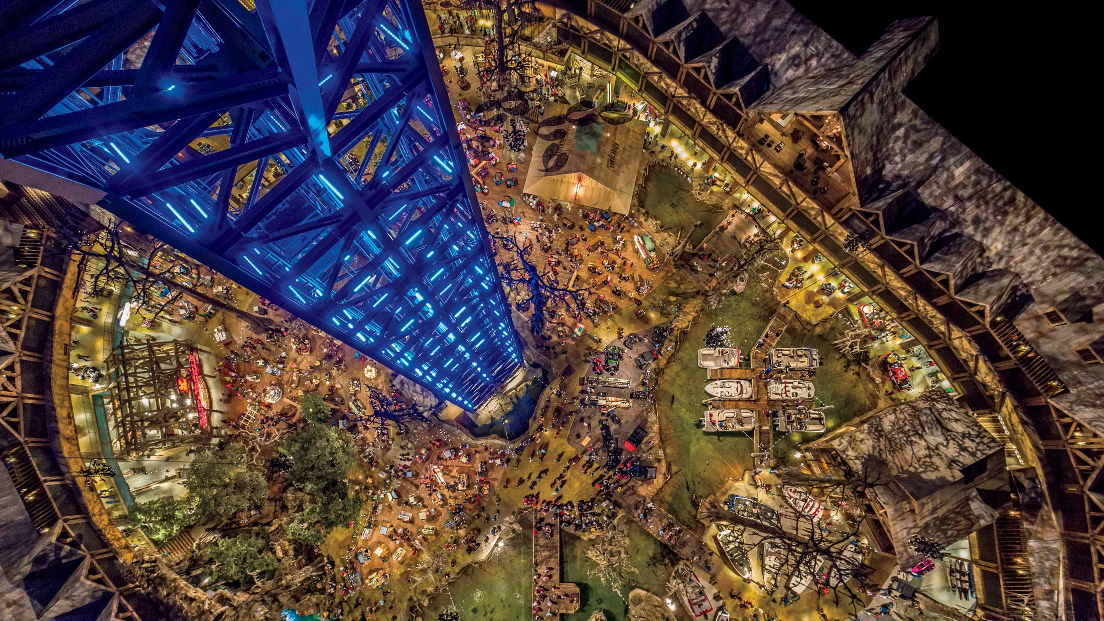 Looking straight down from the apex of The Pyramid through the blue steel truss